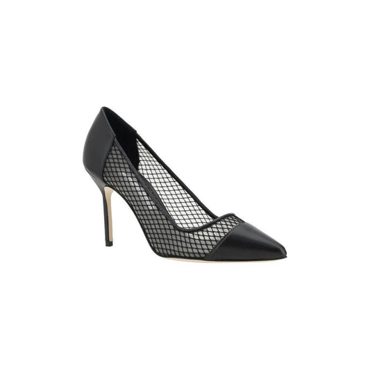 Manolo Blahnik Capcour Pump in black lambskin leather with mesh details, featuring an almond toe and stiletto heel.