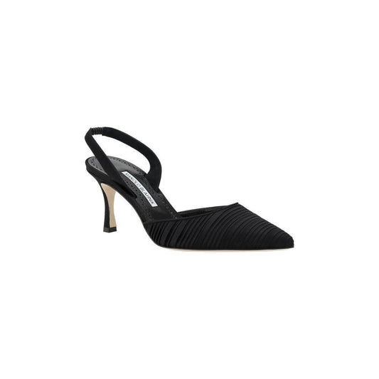 Manolo Blahnik Carolyne Pumps in black silk satin with pleated front band and elastic slingback for elegant, sleek style.