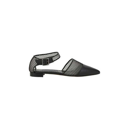 Manolo Blahnik Jatelahflat Ballerinas in black lambskin leather with mesh details, almond toe, and adjustable ankle strap.