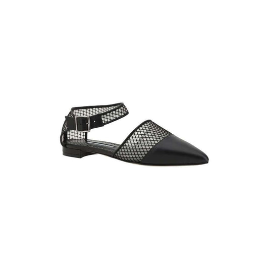 Manolo Blahnik Jatelahflat Ballerinas in black lambskin leather with almond toe, mesh details, and adjustable ankle strap.