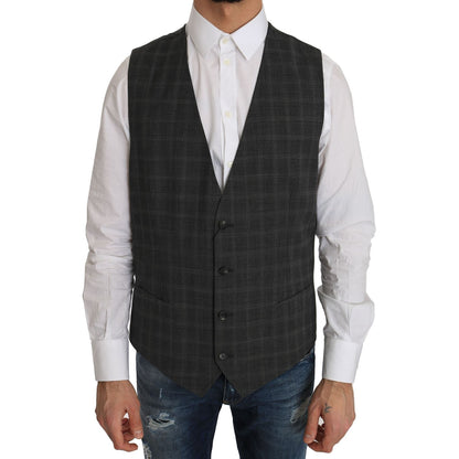 Dolce & Gabbana Gray Wool STAFF Checkered Stretch Vest