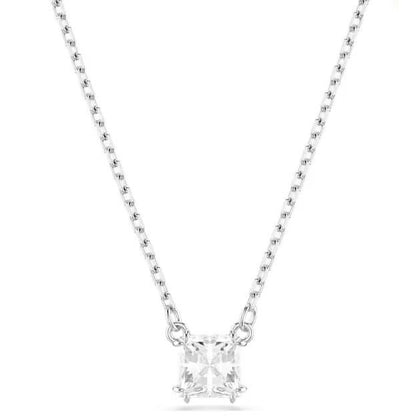 Elegant silver necklace with a sparkling square pendant, perfect for adding sophistication to any outfit.