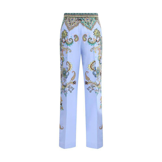 Etro Silk Floral Print Pants with high-waisted silhouette and side zipper, featuring an elegant flowing design and colorful patterns.