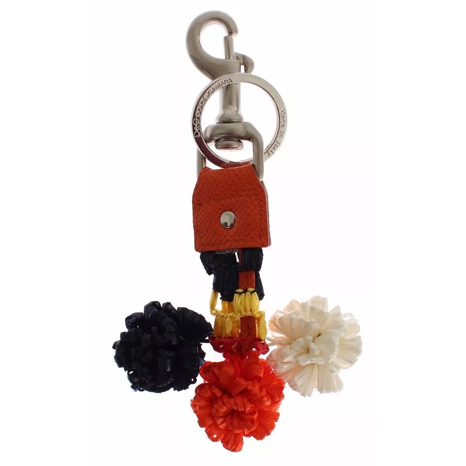 Dolce & Gabbana Silver Brown Raffia Leather Clasp Finder Chain Keyring