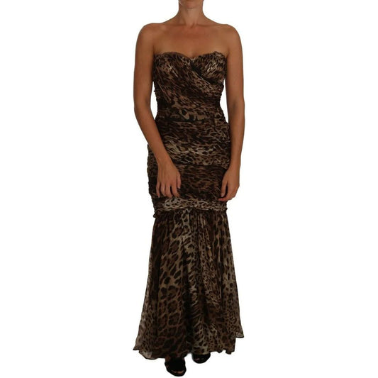 Dolce & Gabbana Brown Leopard Silk Chiffon Ruched Mermaid Maxi Dress DR1489-42