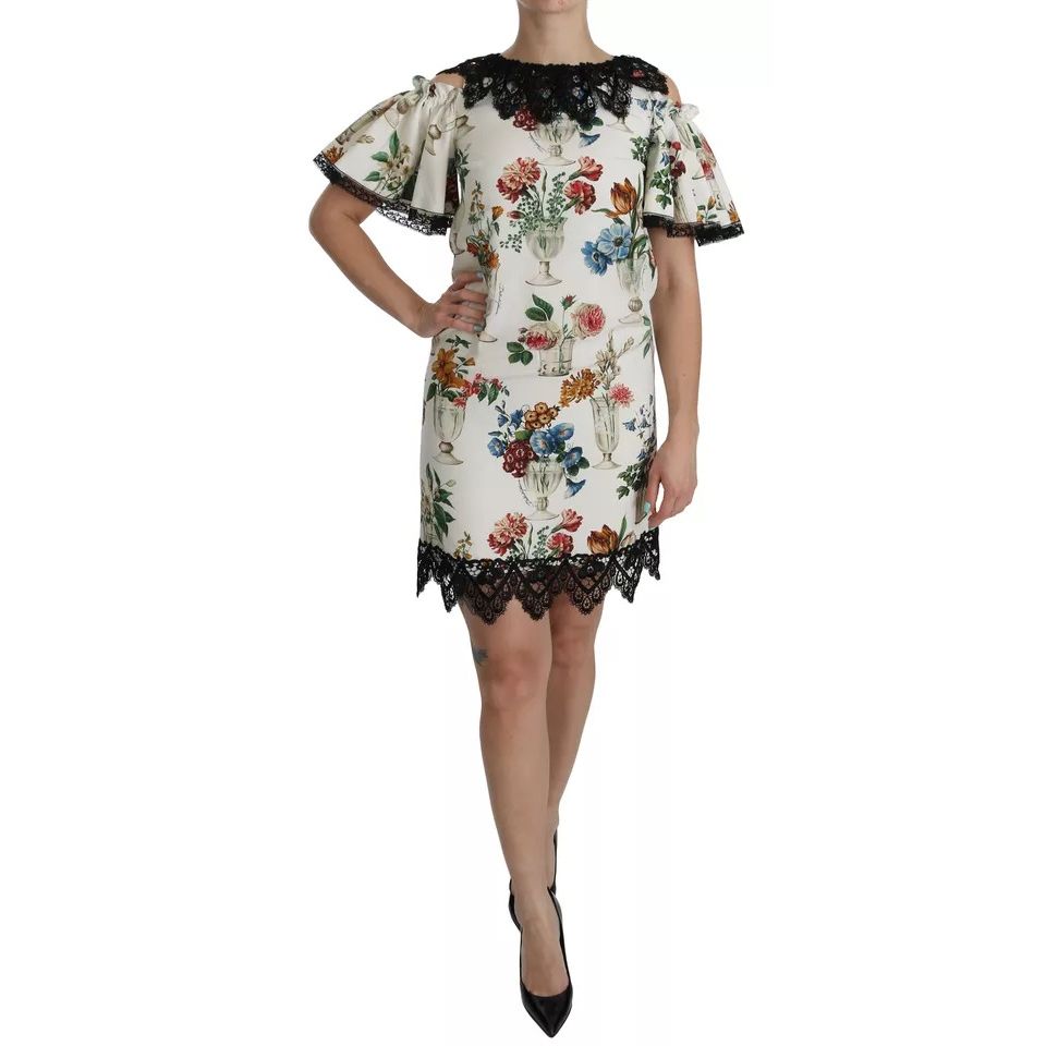 Dolce & Gabbana White Lace Floral Vase Shift Mini Dress