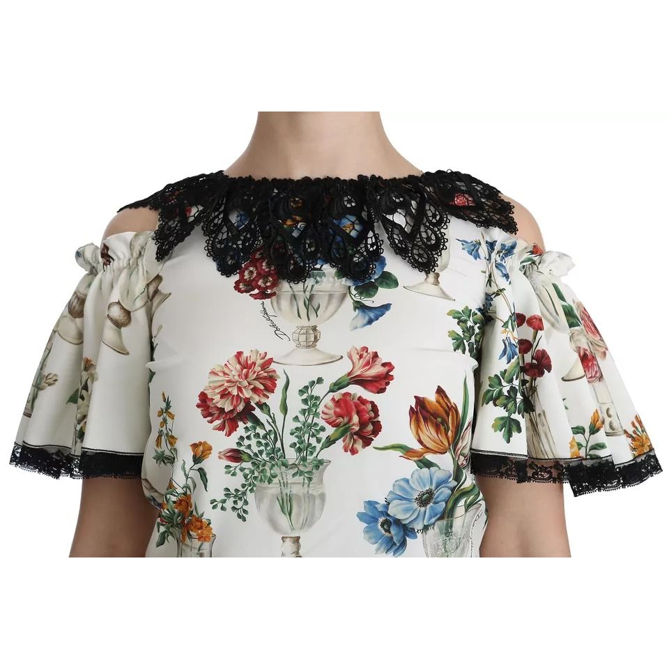 Dolce & Gabbana White Lace Floral Vase Shift Mini Dress