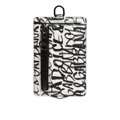 Dolce & Gabbana White Leather Lanyard Logo Print Card Holder Wallet