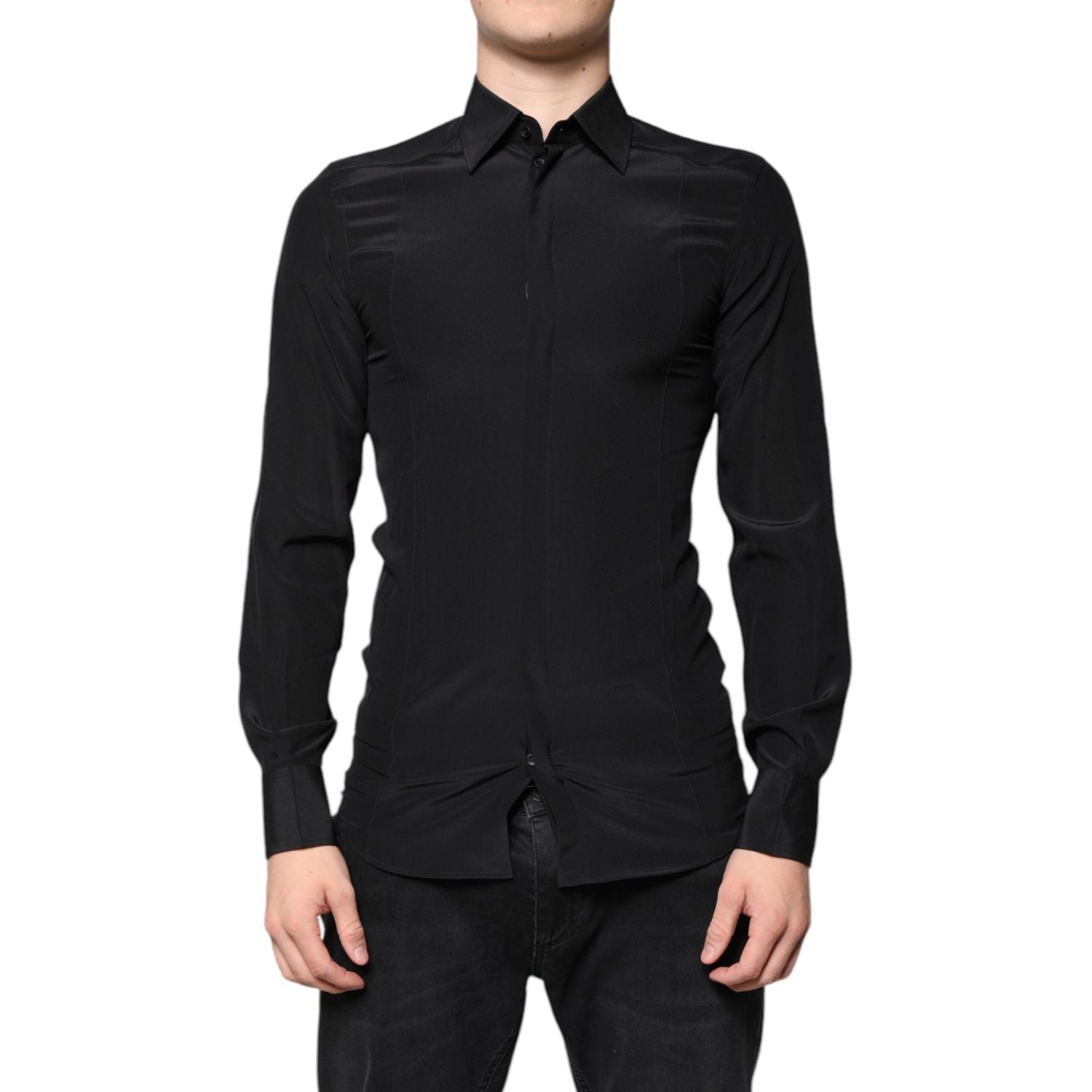 Dolce & Gabbana Black Silk Long Sleeves GOLD Dress Shirt