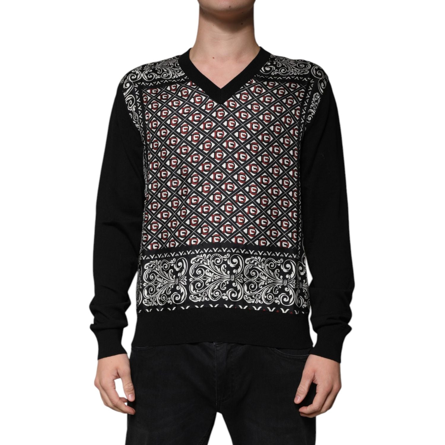 Dolce & Gabbana Black Logo Wool V-neck Pullover Sweater