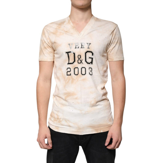 Dolce & Gabbana Beige Graphic Print Cotton V-neck T-shirt