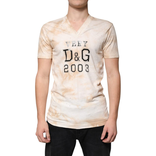 Dolce & Gabbana Beige Graphic Print Cotton V-neck T-shirt TSH87663-48