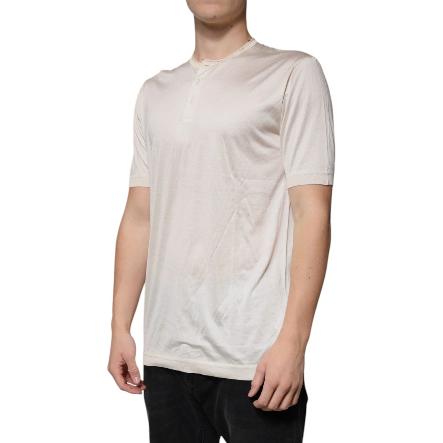 Dolce & Gabbana Off White Silk Crew Neck Henley T-shirt