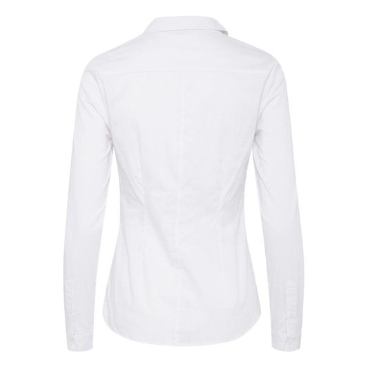Back view of ICHI women's white long sleeve cotton shirt, featuring a blend of cotton, polyamide, and elastane.