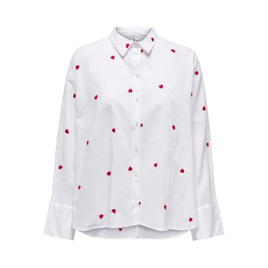 White cotton women's long sleeve shirt with red heart pattern, 100% cotton, stylish and comfortable for everyday wear.