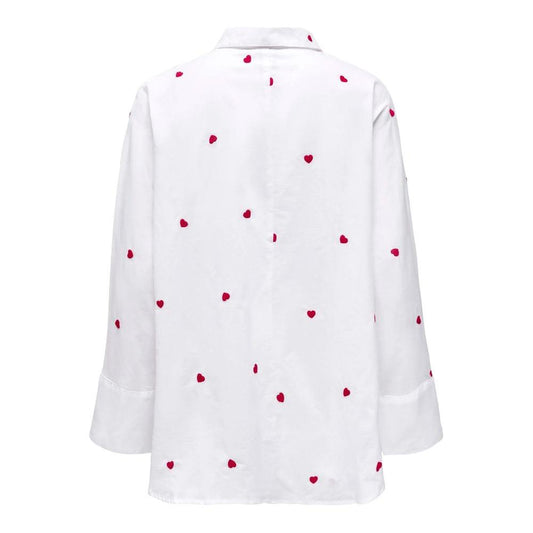 Women's long sleeve white cotton shirt with red heart designs, perfect for casual wear. 100% cotton and comfortable.