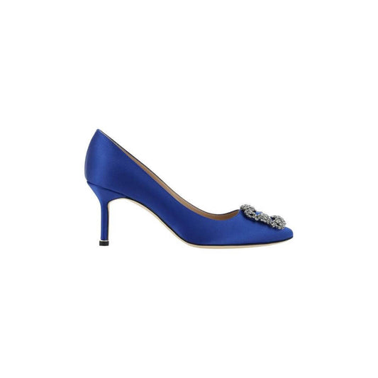 Blue Manolo Blahnik Hangisi Pumps with silk satin finish, Swarovski crystal buckle, almond toe, and stiletto heel.