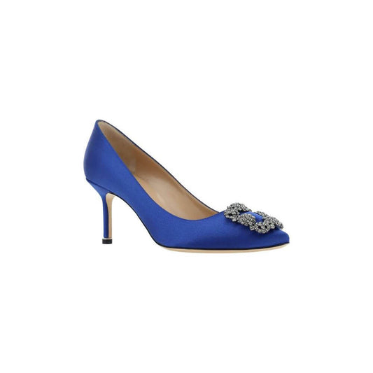 Blue Manolo Blahnik Hangisi pumps with silk satin finish, Swarovski crystal buckle, almond toe, and leather stiletto heel.