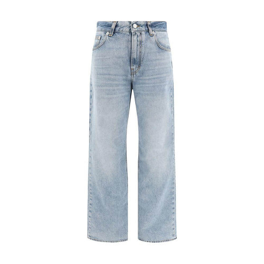 Haikure Korea Jeans featuring a relaxed wide-leg design with five-pocket cut, front zipper, and button closure for a modern look.