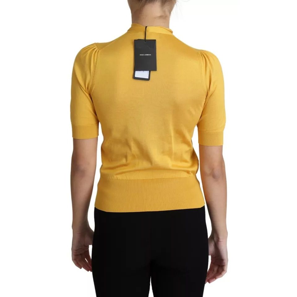 Dolce & Gabbana Yellow Silk Knit Pullover Ascot Collar Top