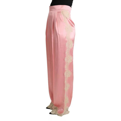 Dolce & Gabbana Pink Lace Trimmed Silk Satin Wide Legs Pants