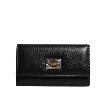 Dolce & Gabbana Black Leather Gold Metal Logo Plaque Trifold Keyring
