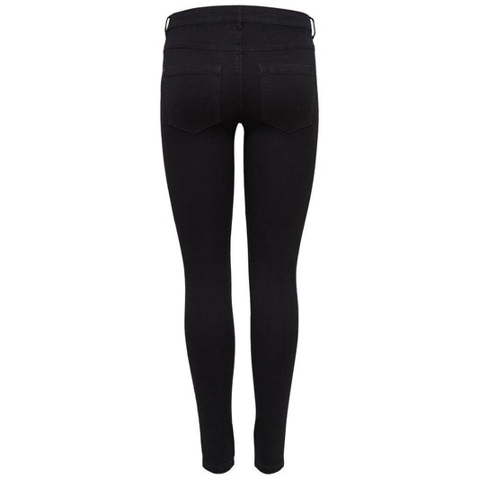 Back view of women's black skinny jeans, featuring a fitted silhouette and elastic blend for comfort and style.
