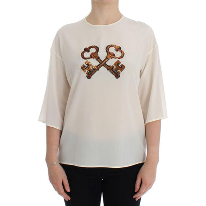 Dolce & Gabbana White Sequined Key Silk Blouse T-shirt Top