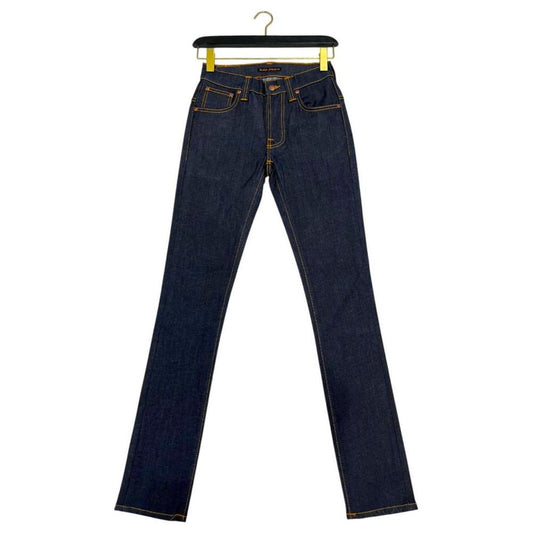 Nudie Jeans blue cotton women's jeans with button closure, front and back pockets, and logo patch, hanging on hanger.