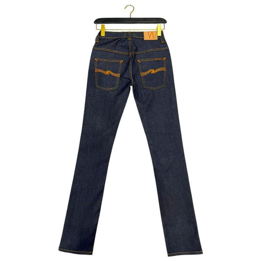 Nudie Jeans Blue Cotton Women's Jeans with logo patch and back welt pockets displayed from the back on a hanger.