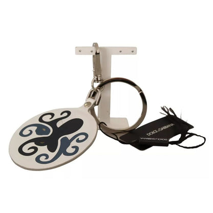 Dolce & Gabbana White Leather Printed Metal Silver Tone Keyring Keychain