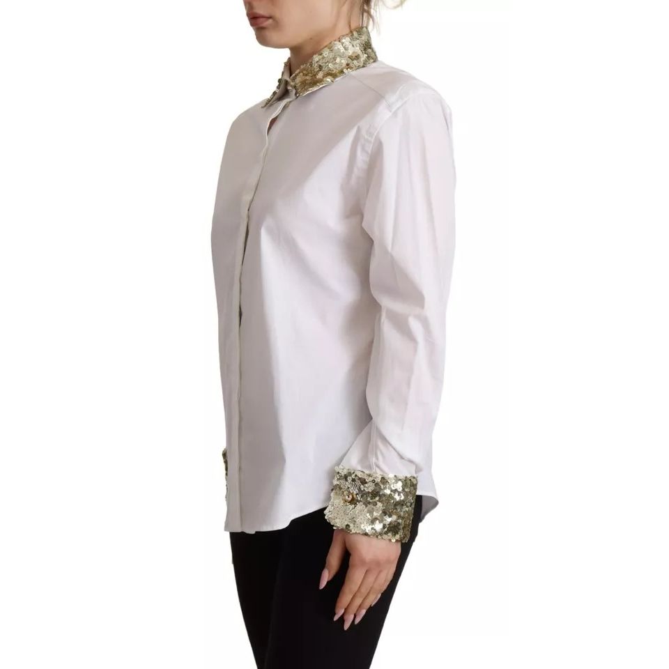 Dolce & Gabbana White Cotton Collared Long Sleeves Sequin Top Shirt