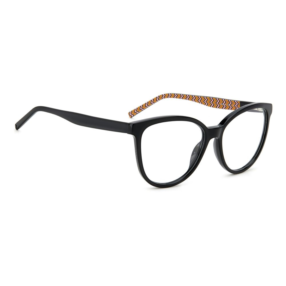 M Missoni Black Acetate Frames glasses with cat-eye design, featuring 53/15/140 mm dimensions, elegant black color with a zigzag temple pattern.