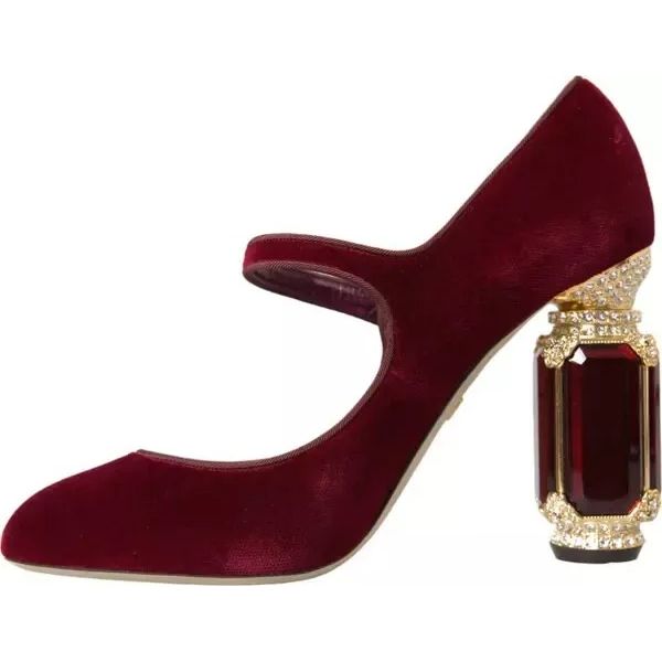 Dolce & Gabbana Red Velvet Gold Crystals Heels Mary Janes Shoes