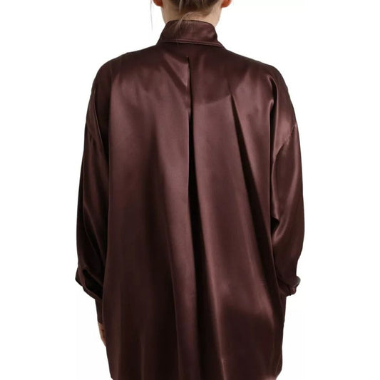 Dolce & Gabbana Brown Silk Collared Long Sleeves Top Blouse TSH84241-36
