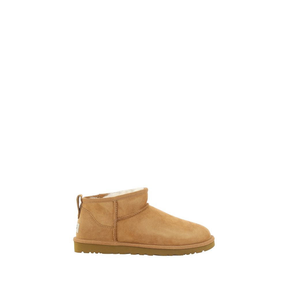UGG Brown Goatskin Ankle Boots with shearling lining and knurled sole shown in side view.