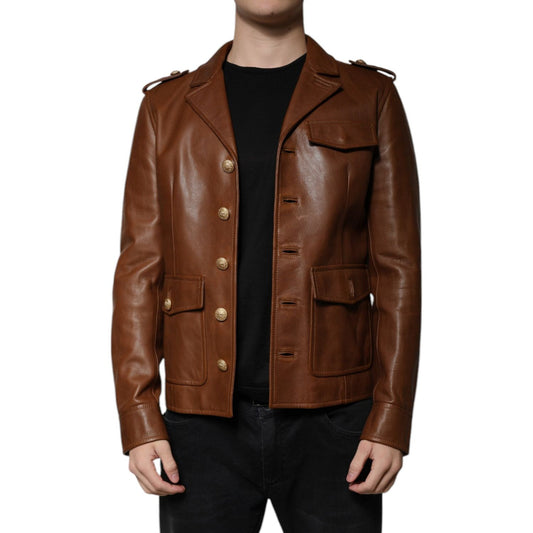 Dolce & Gabbana Brown Calfskin Leather Button Down Jacket JKT3447-50