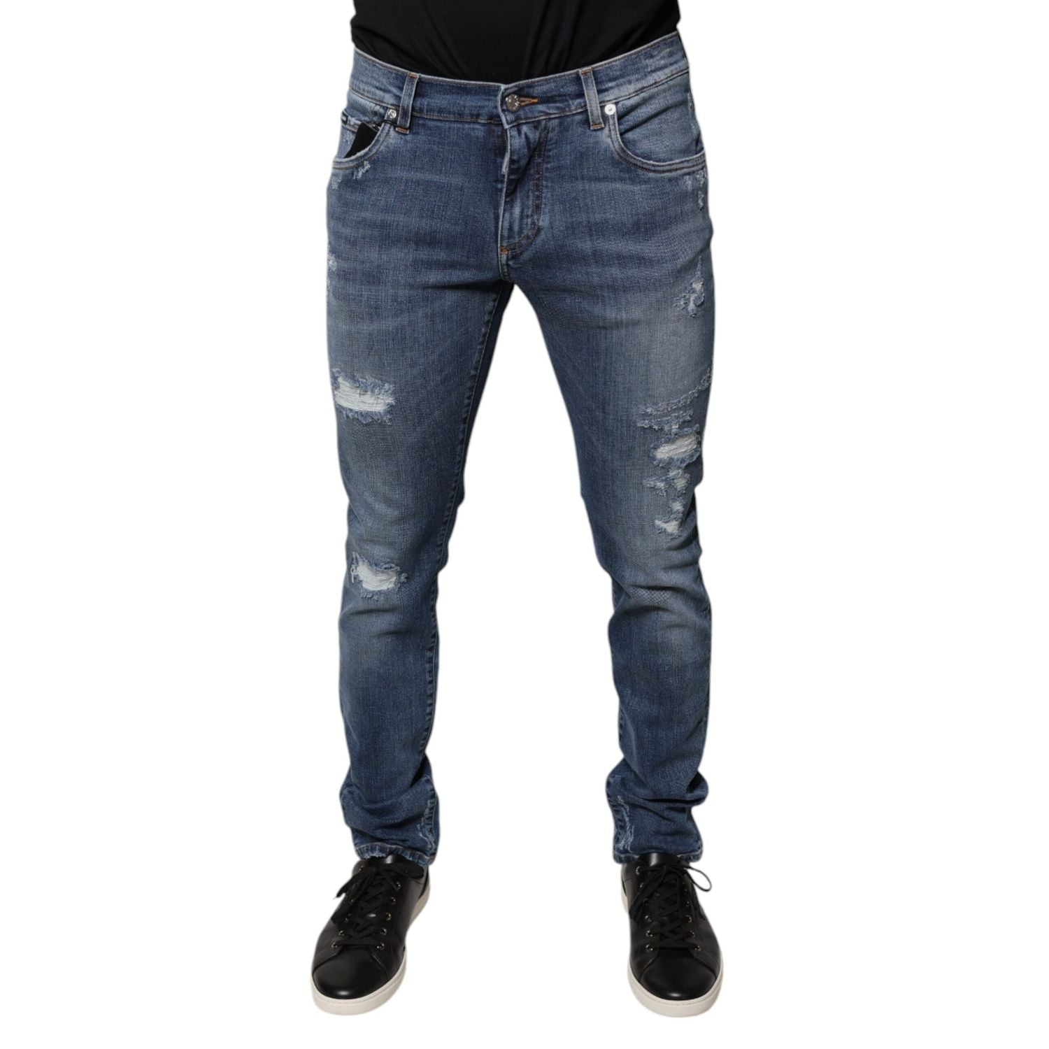 Dolce & Gabbana Blue Tattered Cotton Stretch Skinny Denim Jeans