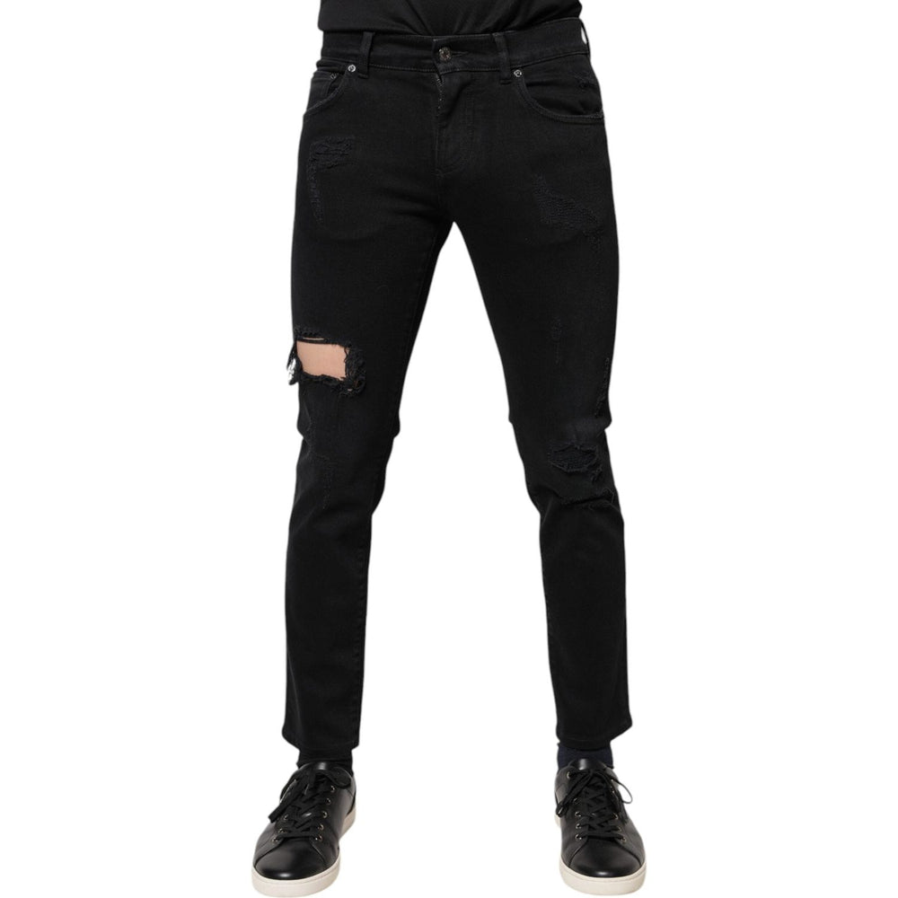 Dolce & Gabbana Black Cotton Tattered Skinny Denim Logo Jeans PAN75901-46