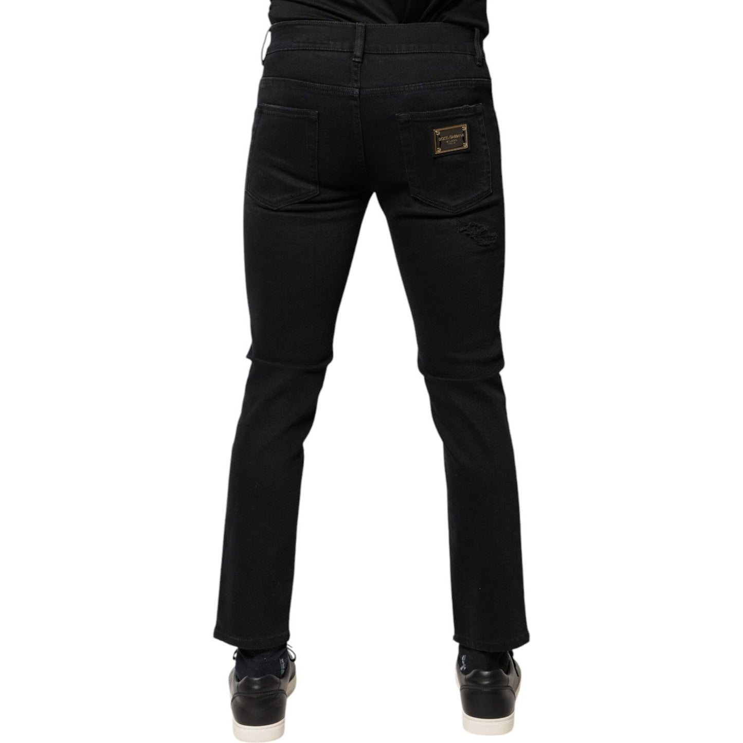 Dolce & Gabbana Black Cotton Tattered Skinny Denim Logo Jeans PAN75901-46