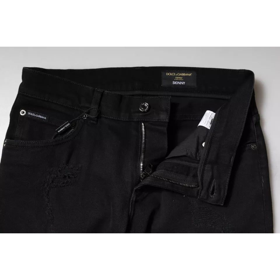 Dolce & Gabbana Black Cotton Tattered Skinny Denim Logo Jeans PAN75901-46