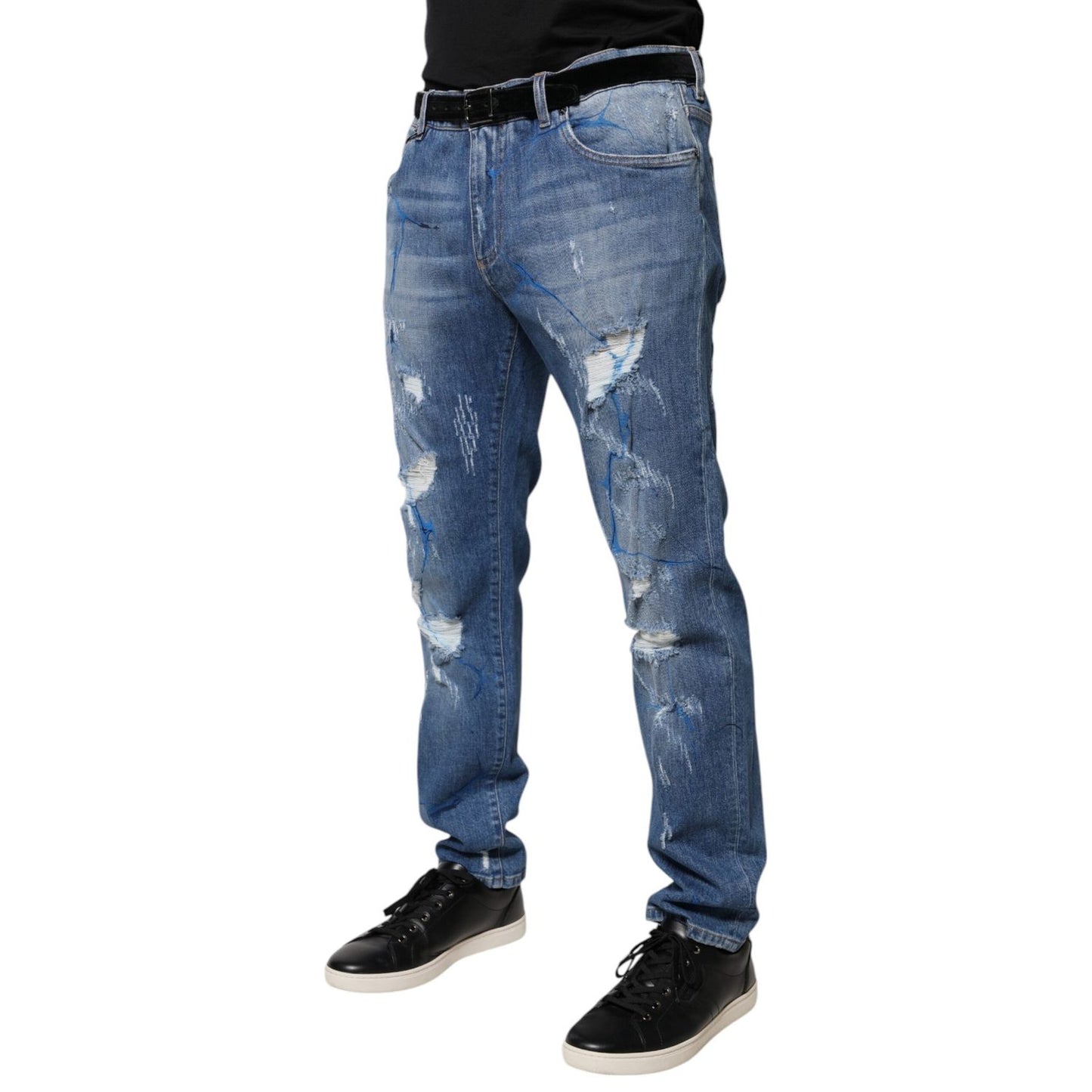 Dolce & Gabbana Blue Cotton Stretch Tattered Skinny Denim Jeans
