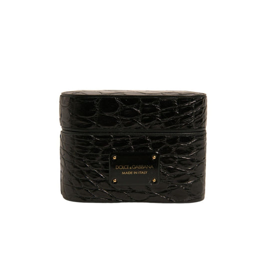Dolce & Gabbana Black Leather Metal Logo Plaque Holder Airpods Case SMY10594
