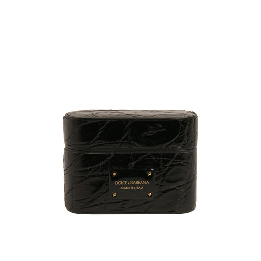 Dolce & Gabbana Black Leather Metal Logo Plaque Holder Airpods Case SMY10595