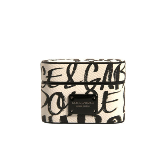 Dolce & Gabbana Black White Leather Scribble Embossed Logo Airpods Case SMY10602