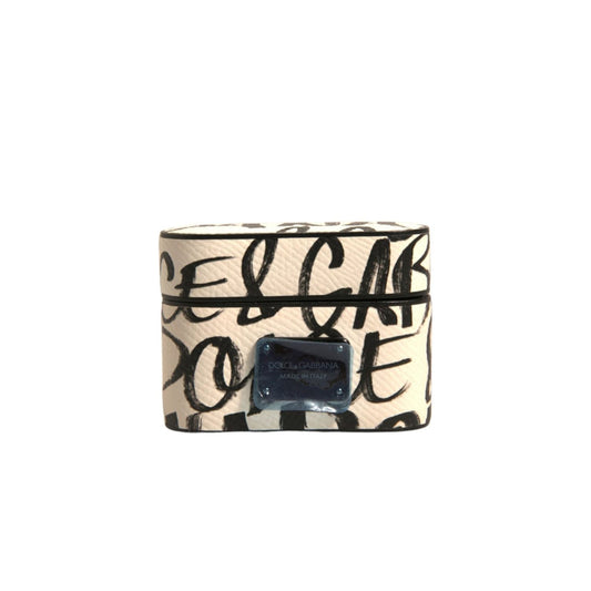 Dolce & Gabbana Black White Leather Scribble Embossed Logo Airpods Case SMY10603