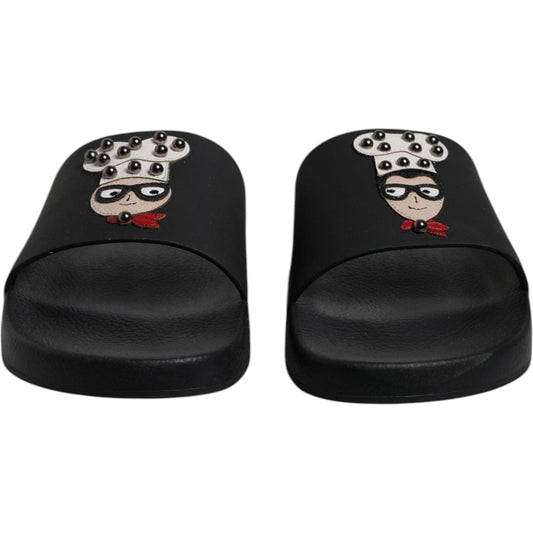 Dolce & Gabbana Black Leather Slides Sandals Beachwear Shoes MV6750-41