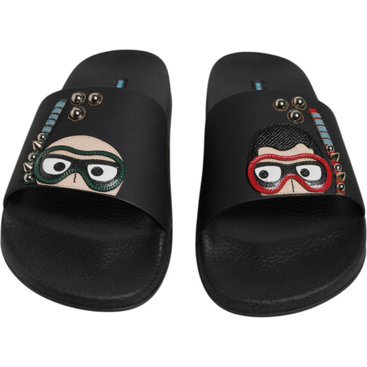 Dolce & Gabbana Black Divers Leather Flats Slides Sandals Beachwear Shoes MV6766-43