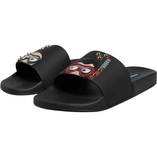 Dolce & Gabbana Black Divers Leather Flats Slides Sandals Beachwear Shoes