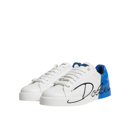 Dolce & Gabbana White Blue Portofino Leather Sneakers Shoes